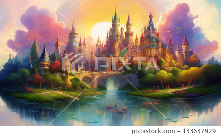 A fairytale landscape painting of a fairy castle. 133637929