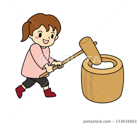 Illustration of a girl pounding mochi 133638063