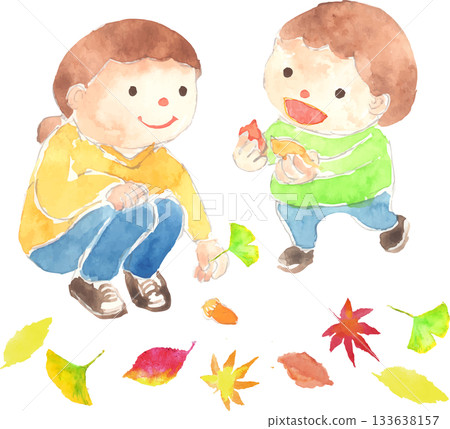 Vector illustration of a parent and child picking up autumn leaves Vector illustration of a parent and child picking up autumn leaves 133638157