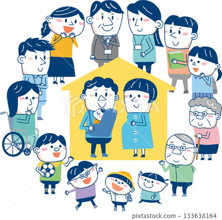 社區對育兒家庭的支持形象：不同族群、孕婦和父親的插圖 133638164
