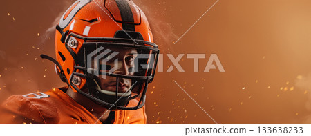 Intense football player in bright uniform standing amidst smoke 133638233
