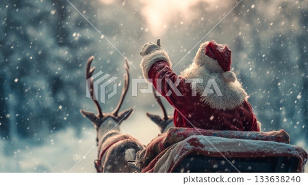 聖誕老人乘坐兩隻馴鹿拉的雪橇，從雪地離開的背影 133638240