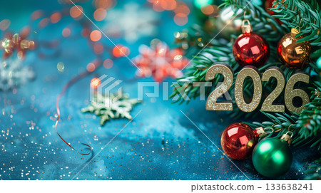 Colorful holiday decorations and winter elements for New Year 2026 celebration 133638241