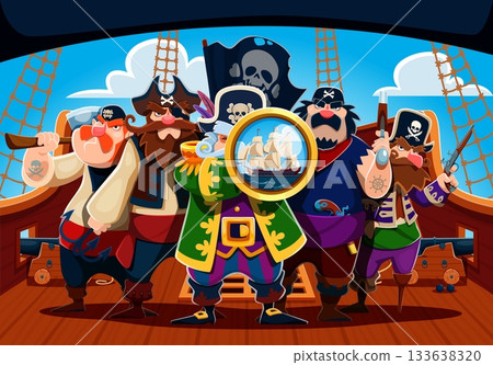 Cartoon pirate sailors and captain crew characters on the ship deck. Vector rover personages in classic corsair attire, holding weapons, black flag and a spyglass, suggesting a high seas adventure 133638320