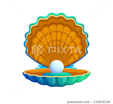 Cartoon ocean blue pearl shell or oyster clam. Marine rare pearl isolated vector shell, ocean nature jewelry seashell. Sea bottom valuable scallop mollusk or underwater life precious oyster clam Cartoon ocean blue pearl shell or oyster clam. Marine rare pearl isolated vector shell, ocean nature jewelry seashell. Sea bottom valuable scallop mollusk or underwater life precious oyster clam 133638336