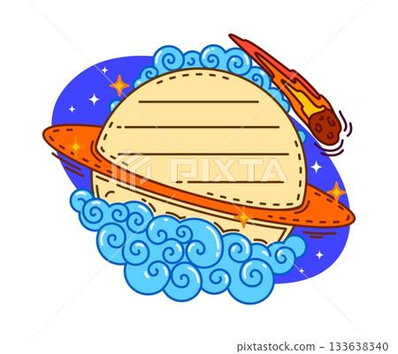 Galaxy planet and space stars, kids memo note frame sticker, vector paper sheet label. Kids memo note or message post template with Saturn planet in galaxy with asteroid or meteor for message notes 133638340