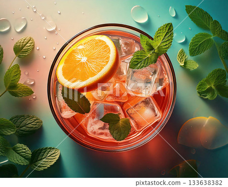 Top view. A delicious refreshing cocktail with ice and fruit. Pastel Color background. AI Generated. Top view. A delicious refreshing cocktail with ice and fruit. Pastel Color background. AI Generated. 133638382