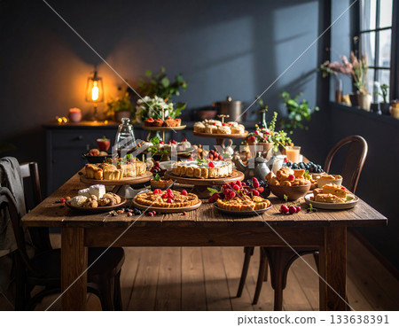 Delicious variety of homemade baked goods on wooden table. background is a kitchen.  133638391