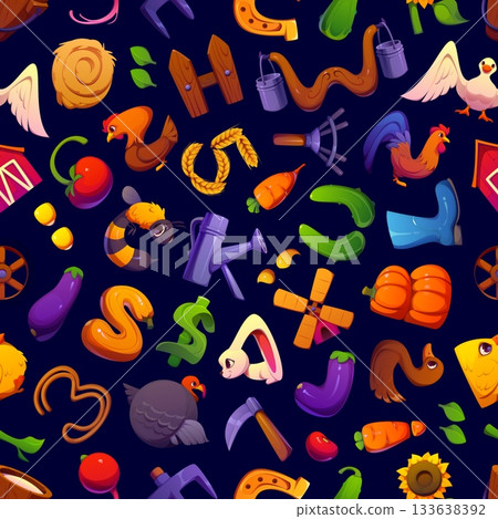 Cartoon agriculture farm font letters seamless pattern featuring cartoon letters, numbers and symbols like animals, vegetables, tools, hay and barn elements. Vector playful rustic tile background Cartoon agriculture farm font letters seamless pattern featuring cartoon letters, numbers and symbols like animals, vegetables, tools, hay and barn elements. Vector playful rustic tile background 133638392