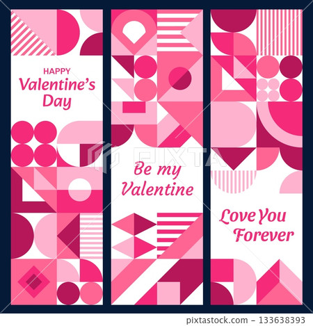 Valentines Day holiday banners with geometric shapes, vector modern graphic background. Romantic love holiday greeting cards with pink white circles, squares and triangles. Be my Valentine banners set 133638393