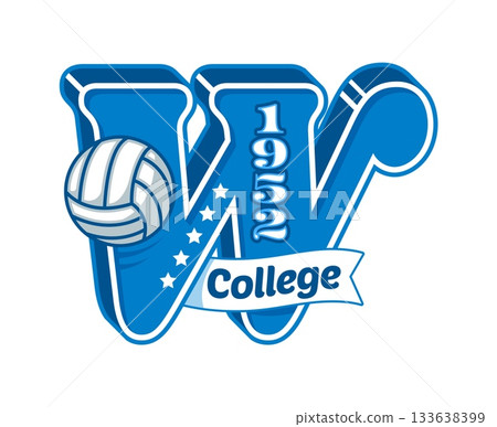 American varsity sport letter W, college team patch label. Sport team typography sign vector badge, varsity campus club label patch. College champion retro print with volleyball ball, stars and ribbon American varsity sport letter W, college team patch label. Sport team typography sign vector badge, varsity campus club label patch. College champion retro print with volleyball ball, stars and ribbon 133638399