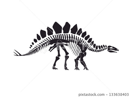 Stegosaurus dinosaur skeleton bones silhouette. Jurassic era lizard skeleton silhouette vector, prehistoric animal bones . Extinct dinosaur archaeological find or with back plates and spikes on tail Stegosaurus dinosaur skeleton bones silhouette. Jurassic era lizard skeleton silhouette vector, prehistoric animal bones . Extinct dinosaur archaeological find or with back plates and spikes on tail 133638403