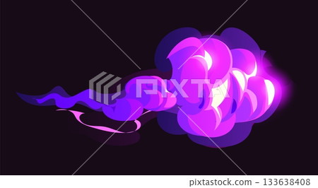 Smoke magic effect of cartoon purple light in cloud swirl, vector dust fog. Magic spell blast or smoke wave shot of energy explosion of fire lightning or mystic explode splash of magic wand 133638408