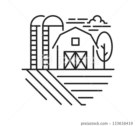 Farm barn and farmland landscape line icon or pictogram. Environment scene lineart vector sign, agriculture landscape symbol or pictogram with farm barn buildings, elevator facility and field land Farm barn and farmland landscape line icon or pictogram. Environment scene lineart vector sign, agriculture landscape symbol or pictogram with farm barn buildings, elevator facility and field land 133638419