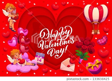 Paper cut Valentines day banner or greeting card. Romance celebration vector banner, love day poster. Saint Valentine holiday flyer with cute cupids characters, rose bouquet, love letter and balloons 133638425