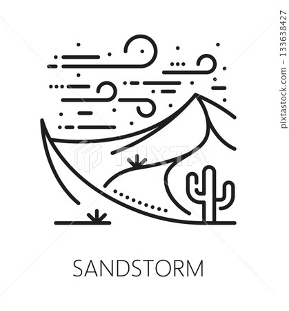 Sandstorm natural disaster, cataclysm line icon. Environmental cataclysm thin line symbol, sandstorm disaster vector sign. Natural catastrophe outline pictogram with storm wind and desert dunes Sandstorm natural disaster, cataclysm line icon. Environmental cataclysm thin line symbol, sandstorm disaster vector sign. Natural catastrophe outline pictogram with storm wind and desert dunes 133638427