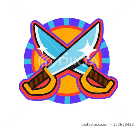 Pirate sword vintage Y2K sticker or label. Filibuster treasure hunting Y2K label, piracy and nautical vintage vector patch. Pirate marine retro sticker or tag with crossed cutlass swords Pirate sword vintage Y2K sticker or label. Filibuster treasure hunting Y2K label, piracy and nautical vintage vector patch. Pirate marine retro sticker or tag with crossed cutlass swords 133638428