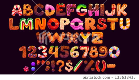 Sweet candy type, dessert font, cartoon bakery typeface, pastry confectionery english alphabet set. Vector typography sweet letters and numbers font of cake, chocolate, cupcake and ice cream desserts Sweet candy type, dessert font, cartoon bakery typeface, pastry confectionery english alphabet set. Vector typography sweet letters and numbers font of cake, chocolate, cupcake and ice cream desserts 133638433