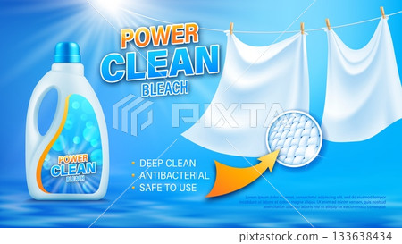 Realistic laundry detergent cleaner bottle poster and clean white linen, vector ad template. Laundry liquid detergent bottle with bleach and antibacterial effect with hanging white clean bedsheets Realistic laundry detergent cleaner bottle poster and clean white linen, vector ad template. Laundry liquid detergent bottle with bleach and antibacterial effect with hanging white clean bedsheets 133638434