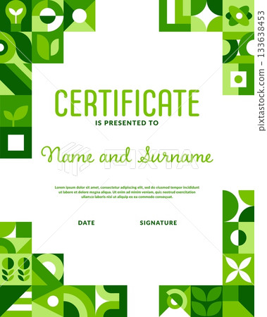 Ecology vertical diploma with green geometric pattern, vector certificate template. Modern trendy abstract geometric shape pattern on diploma certificate for green energy or sustainable eco technology 133638453