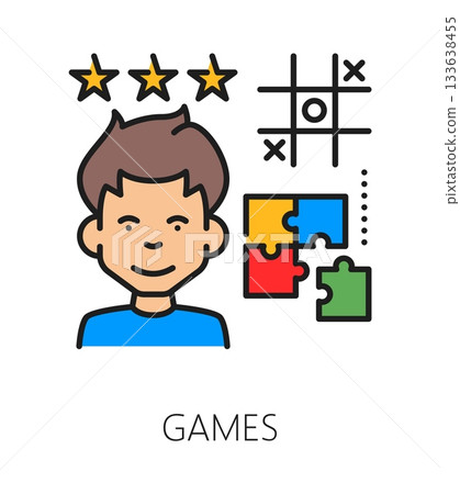 Kids games cognitive ability color line icon or label. Brain function therapy vector icon, kids intelligence development sign. Mental capability symbol with boy character, puzzle and tic-tac-toe game Kids games cognitive ability color line icon or label. Brain function therapy vector icon, kids intelligence development sign. Mental capability symbol with boy character, puzzle and tic-tac-toe game 133638455