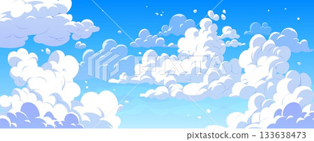 Cartoon anime manga blue sky and white clouds vector background with summer sunny light. Anime manga sky landscape with fluffy clouds high above for cloudy scenery or summer cloudscape background Cartoon anime manga blue sky and white clouds vector background with summer sunny light. Anime manga sky landscape with fluffy clouds high above for cloudy scenery or summer cloudscape background 133638473