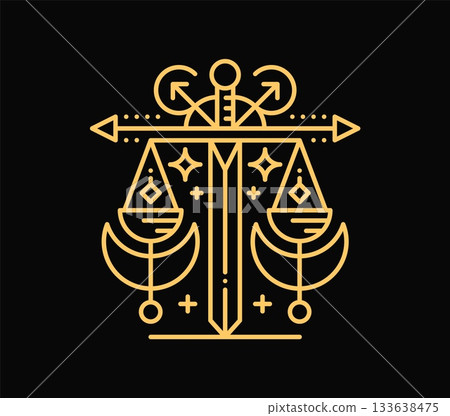 Celestial elegant esoteric weighing scale symbol or tattoo. Golden celestial Y2K vector tattoo, libra zodiac constellation elegant symbol. Isolated esoteric Boho sign or linear mystic magic print Celestial elegant esoteric weighing scale symbol or tattoo. Golden celestial Y2K vector tattoo, libra zodiac constellation elegant symbol. Isolated esoteric Boho sign or linear mystic magic print 133638475
