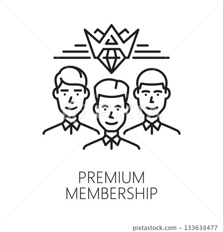 Premium membership exclusive benefit line icon or symbol. Customer special offer bonus linear vector pictogram, loyalty program icon. Exclusive benefit coupon sign with customers or clients characters 133638477