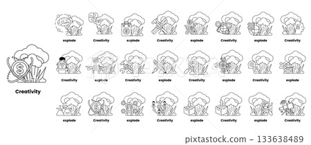 set of illustrations in the concept of bombs and creativity in a line style 133638489