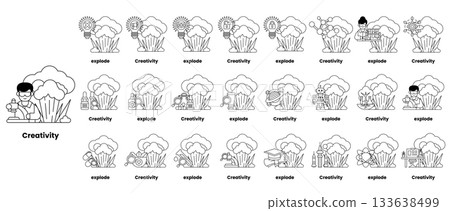 set of illustrations in the concept of bombs and creativity in a line style 133638499