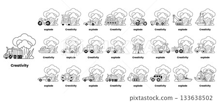 set of illustrations in the concept of bombs and creativity in a line style 133638502