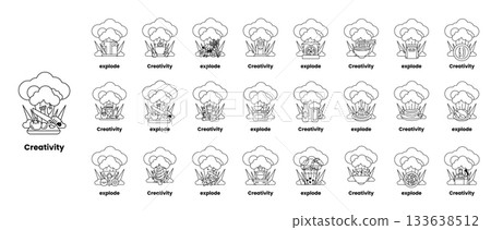 set of illustrations in the concept of bombs and creativity in a line style 133638512