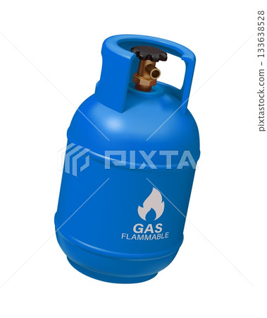 Gas cylinder in 3D with flammable warning sign of liquid gas or LPG, vector blue container. Realistic gas cylinder or metal tank canister for oxygen, propane, or butane, and nitrogen gas cylinder Gas cylinder in 3D with flammable warning sign of liquid gas or LPG, vector blue container. Realistic gas cylinder or metal tank canister for oxygen, propane, or butane, and nitrogen gas cylinder 133638528