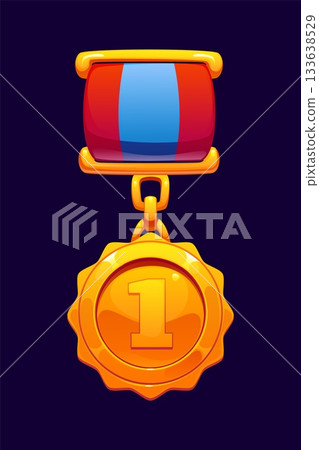 Game medal with number 1 gold award badge for victory or achievement trophy, vector icon. Winner medal or gold medallion with chevron ribbon for first place and level award and victory trophy badge Game medal with number 1 gold award badge for victory or achievement trophy, vector icon. Winner medal or gold medallion with chevron ribbon for first place and level award and victory trophy badge 133638529