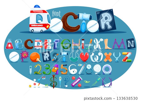 Cartoon medical font, funny healthcare typeface, medicine type, medical english alphabet. Doctor letters and numbers vector typography. Cartoon pills, xray, thermometer or ambulance font alphabet set 133638530