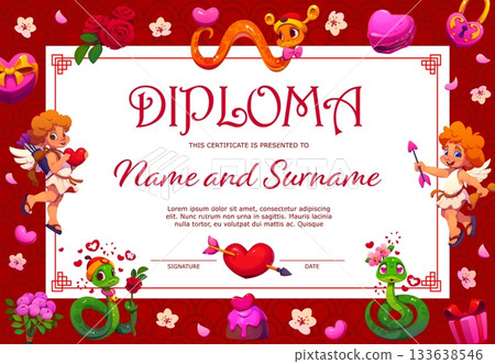 Valentines diploma certificate with cherubs, snakes and hearts. Cartoon vector charming layout template featuring cupids, roses, desserts, gift boxes, love and romantic decorations on red border 133638546