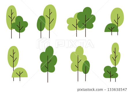 Vector illustration set with flat cartoon minimal doodle trees and bushes, simple hand drawn greenery collection, modern botanical elements for eco projects, branding, patterns, calm nature visuals Vector illustration set with flat cartoon minimal doodle trees and bushes, simple hand drawn greenery collection, modern botanical elements for eco projects, branding, patterns, calm nature visuals 133638547