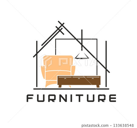 Home interior, living room furniture store icon. Home decor shop vector label, interior design company badge. House living room room furniture store icon with brown armchair, drawer and ceiling lamp 133638548