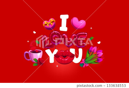 I love you valentines day quote exudes passion. Cartoon vector romantic typography phrase in balloon letters, surrounded by hearts, lips, cup of coffee and bouquet of tulips on vibrant red background I love you valentines day quote exudes passion. Cartoon vector romantic typography phrase in balloon letters, surrounded by hearts, lips, cup of coffee and bouquet of tulips on vibrant red background 133638553