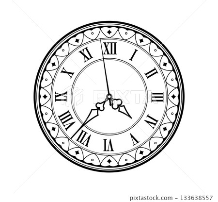 Vintage clock face with Roman numerals on dial, retro old time watches, vector icon. Antique vintage clock face with classic hour, minute and second hand arrows of pocket watches clockface timepiece Vintage clock face with Roman numerals on dial, retro old time watches, vector icon. Antique vintage clock face with classic hour, minute and second hand arrows of pocket watches clockface timepiece 133638557