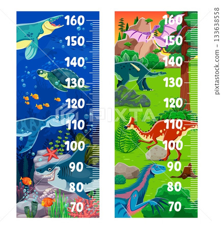 Kids height chart ruler with funny dinosaurs. Kids height chart, child pediatric stadiometer vector gauge with Tylosaurus, Archelon, Liopleurodon water and Amurosaurus, Lexovisaurus land dinosaurs 133638558