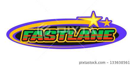 Motorsport race fastline Y2K retro sticker or tag. Rally race competition vintage vector label, grand prix retro sticker. Speed racing championship tag with shooting stars and typography 133638561
