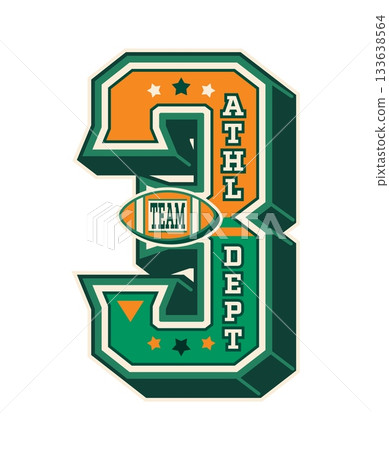 Varsity sport patch number 3 for college league label or team club, vector badge. Varsity sport patch with number Three for university athletic department or champion players club t shirt print 133638564