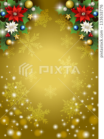 Christmas background, bottom sparkling snow, gold, poinsettia, top holly, cute, illustration, vertical 133638776