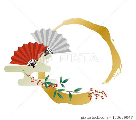 南天竹、紅白扇子和金色筆觸 1 133639047