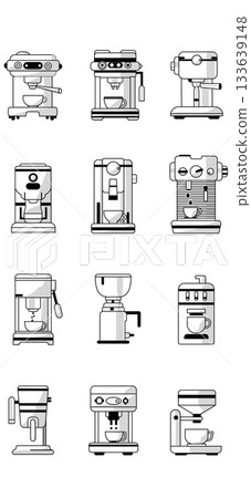 A black and white line art collection of various coffee-making appliances, including espresso machines, drip brewers, and grinders. The illustrations feature simple, minimalist design icons of kitchen 133639148
