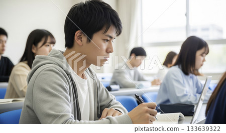 鏡頭聚焦在一位正在聽講座的男士身上。 133639322