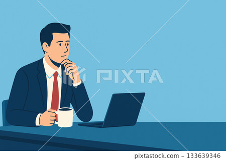 一位商務人士在辦公桌前一邊喝咖啡一邊思考的插圖,藍色背景上留有空白區域。 一位商務人士在辦公桌前一邊喝咖啡一邊思考的插圖,藍色背景上留有空白區域。 133639346
