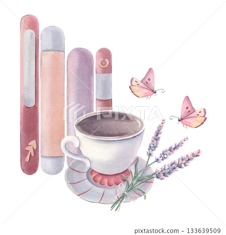 Ceramic tea set, cup, saucer, books, lavender bouquet, butterflies. Hand-painted watercolor illustration isolated on white for print, poster, invitation, branding, cards, textile, decor, design Ceramic tea set, cup, saucer, books, lavender bouquet, butterflies. Hand-painted watercolor illustration isolated on white for print, poster, invitation, branding, cards, textile, decor, design 133639509