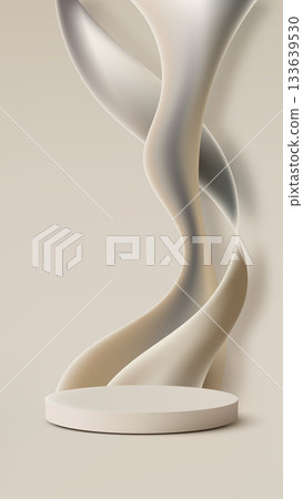 Minimalist 3D Product Display Podium Presentation, Elegant Beige Background Template with Flowing Subtle Cream Ribbon Curve for Luxury Cosmetic and Fashion Marketing 133639530